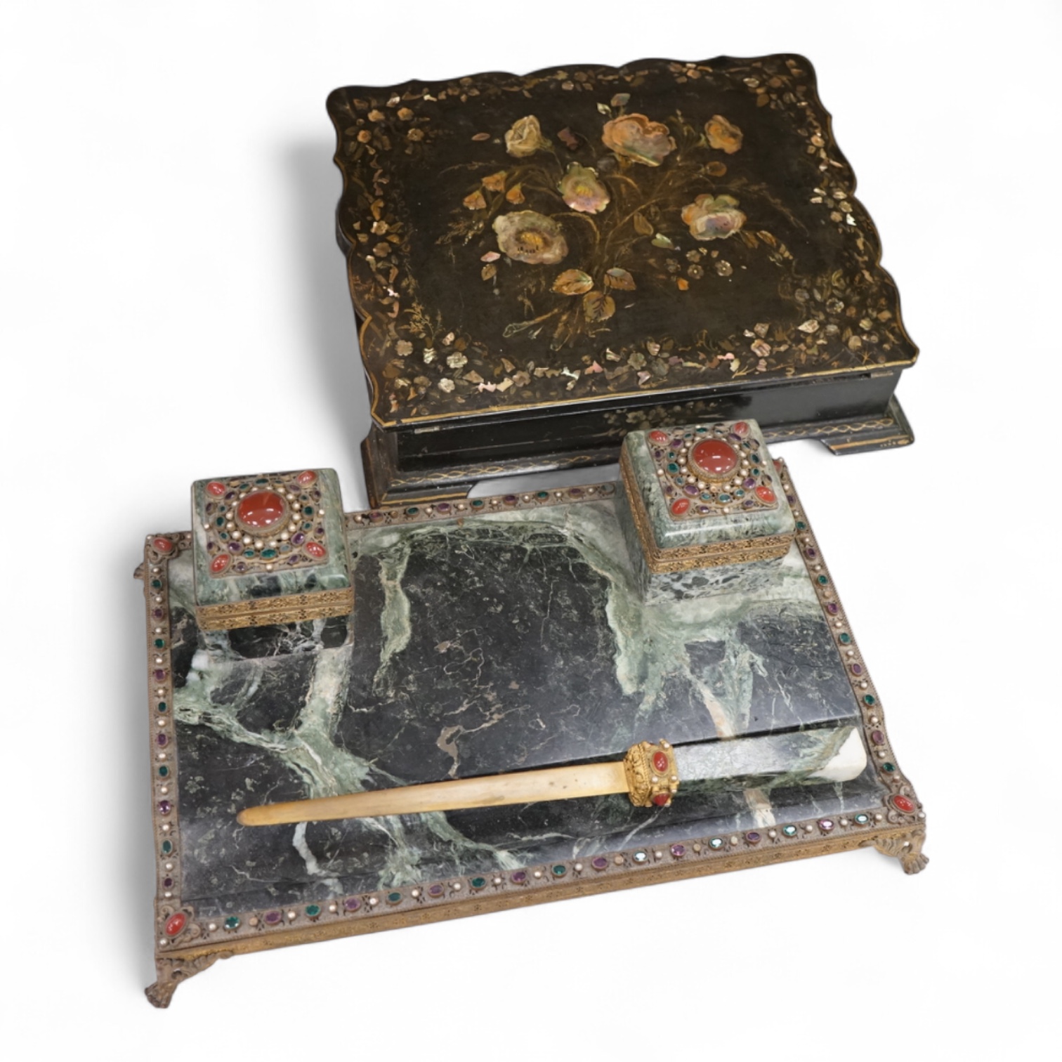 A Victorian papier maché mother of pearl inlaid writing slope and a 19th century French marble desk stand, 36cm wide